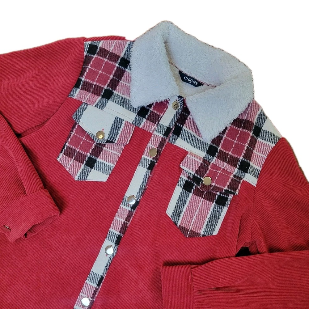 Chicme Red Corduroy Sherpa Lined Plaid Shacket Jacket S Womens Cozy Layering